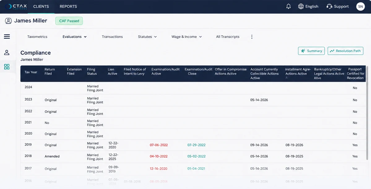 Year-by-year compliance view showing return filed, extension filed and filing status per tax year
