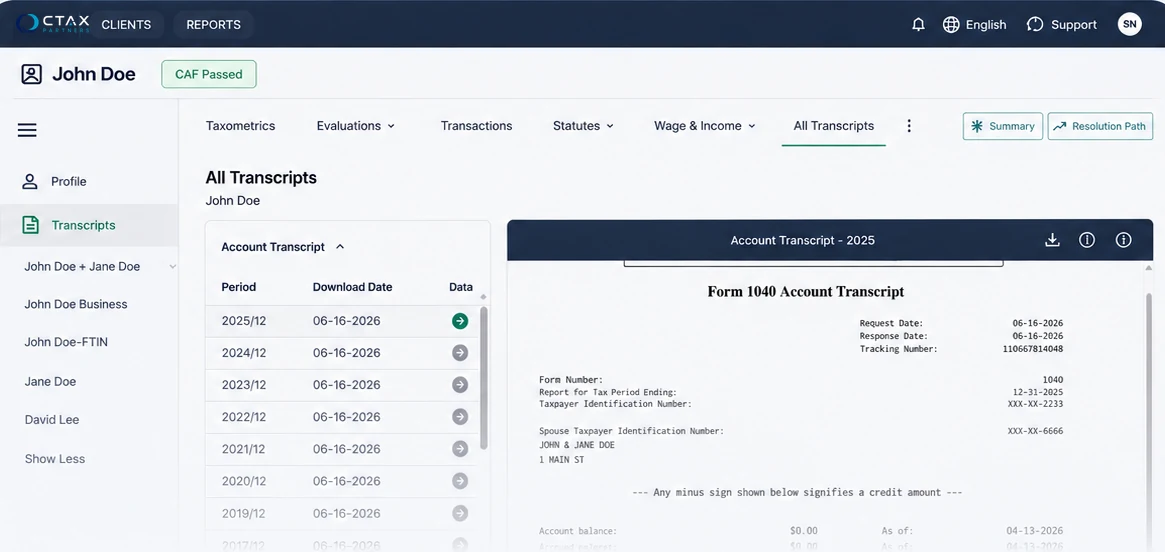 All Transcripts view listing account transcripts by period with download dates, and related taxpayer records in the sidebar