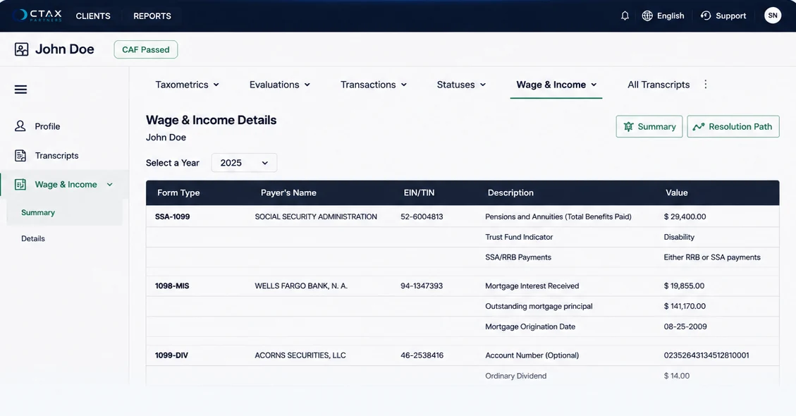 Wage and Income detail listing form type, payer name, EIN or TIN, description and value