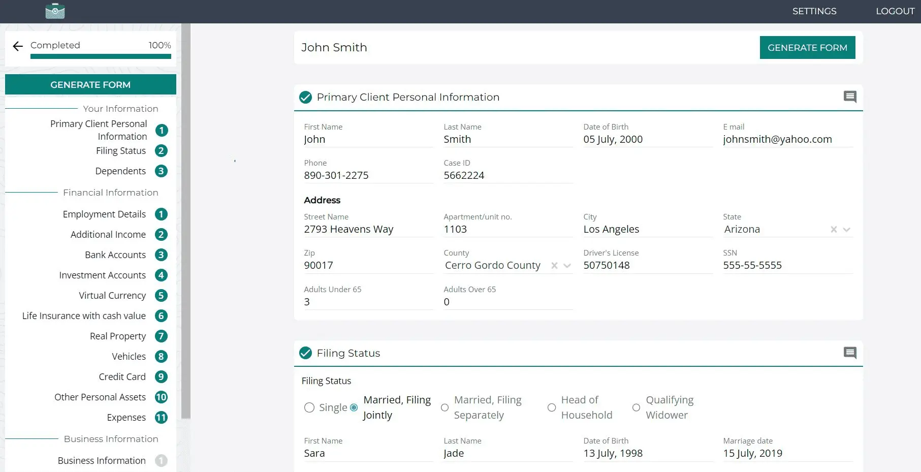 TaxVero client portal intake — personal information and filing status