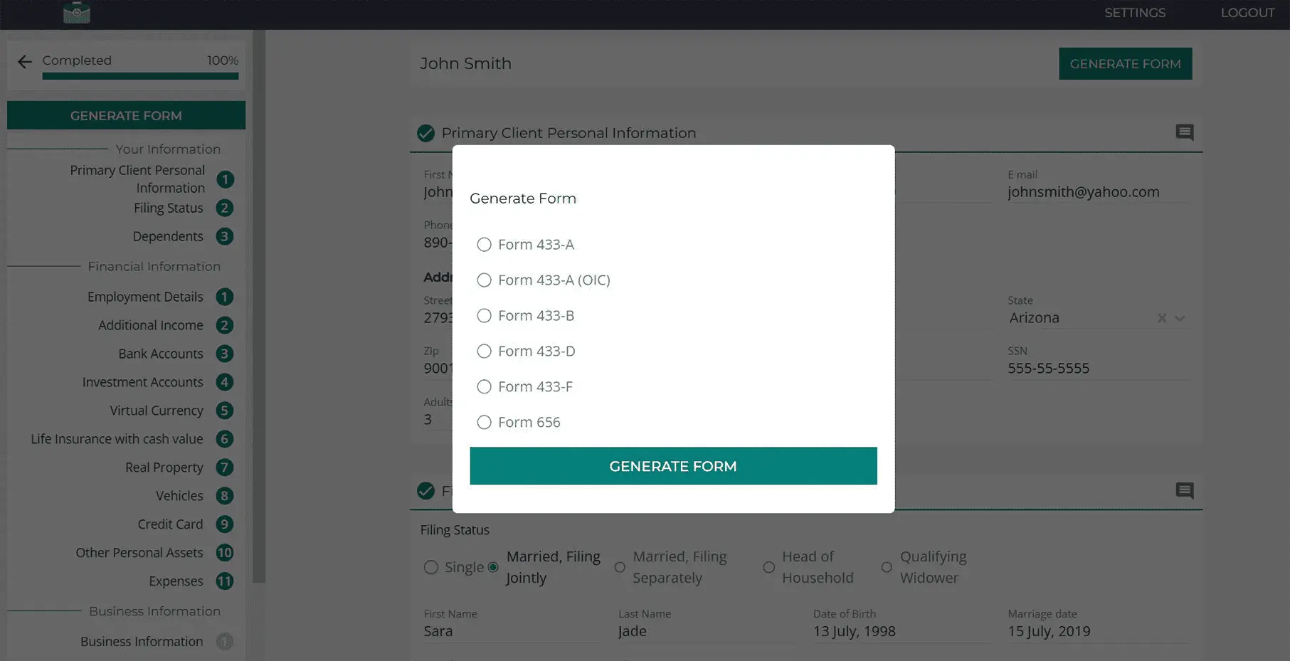 TaxVero generate-form dialog listing IRS forms 433-A through 656