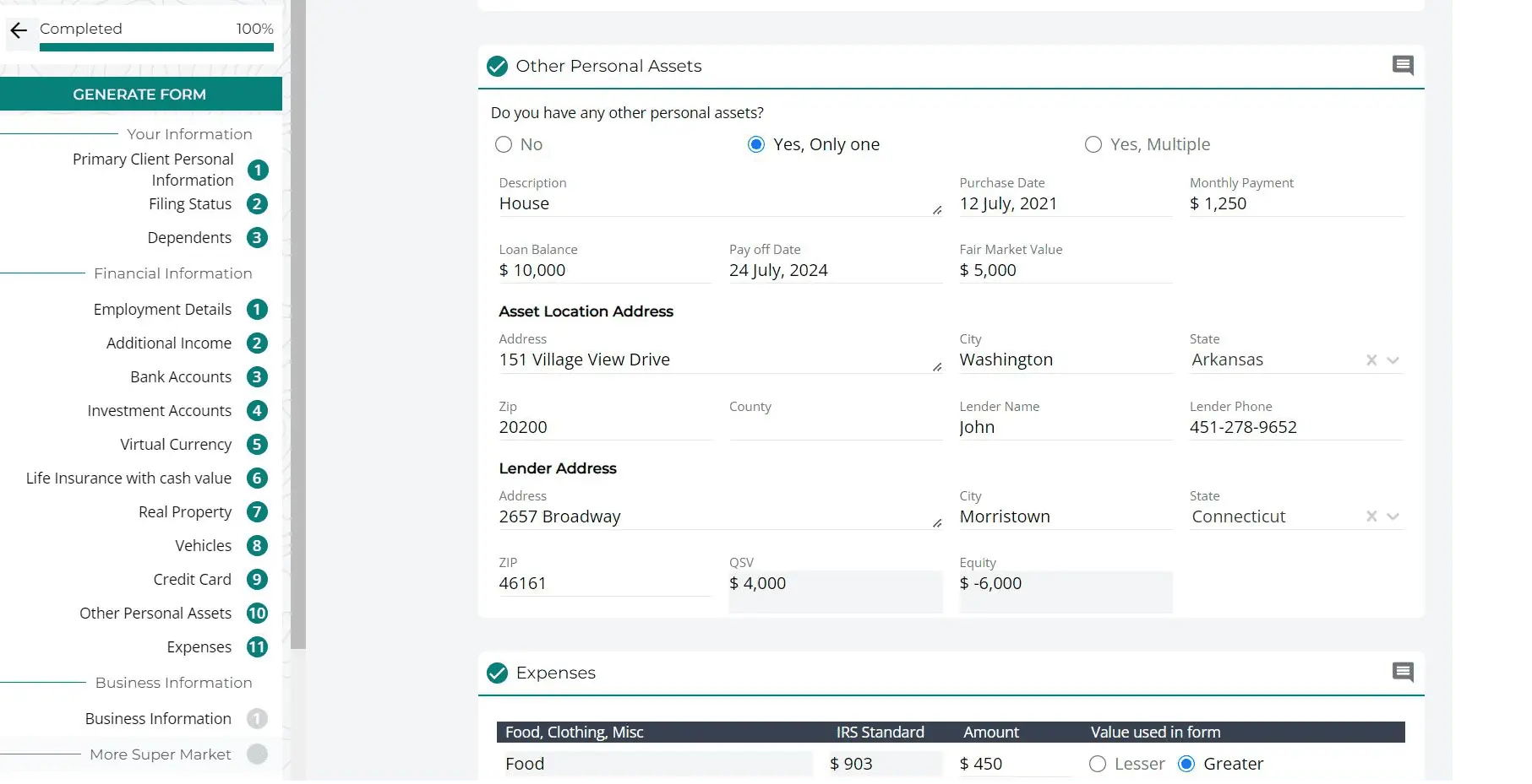 TaxVero asset entry — property, lender and equity detail