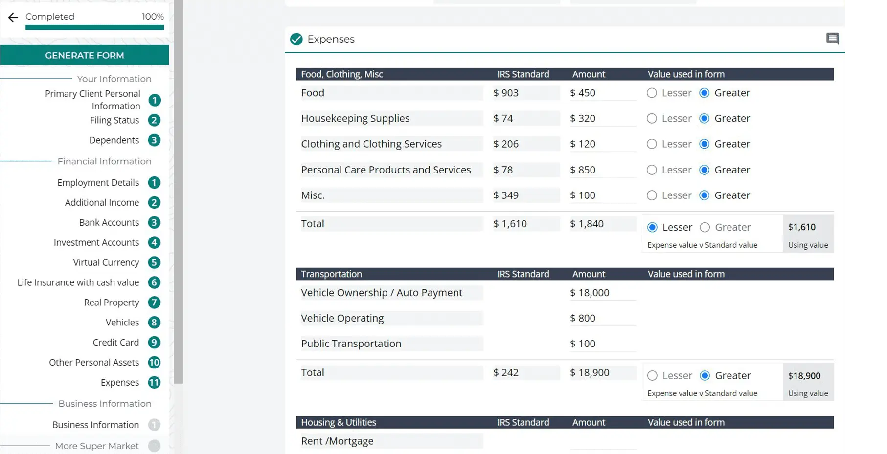 TaxVero expenses screen comparing client amounts against IRS Standards