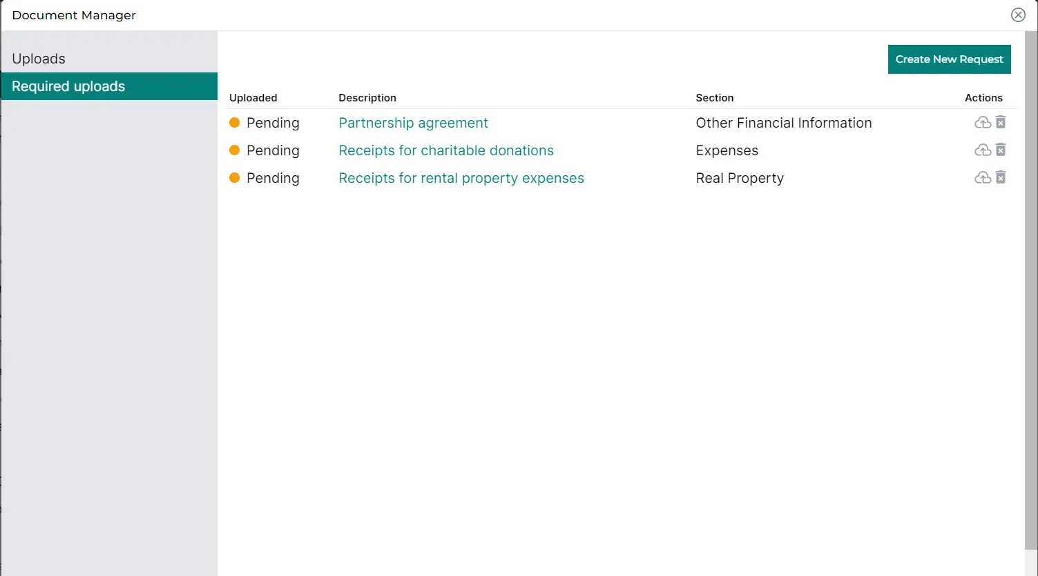 TaxVero Document Manager with pending upload requests